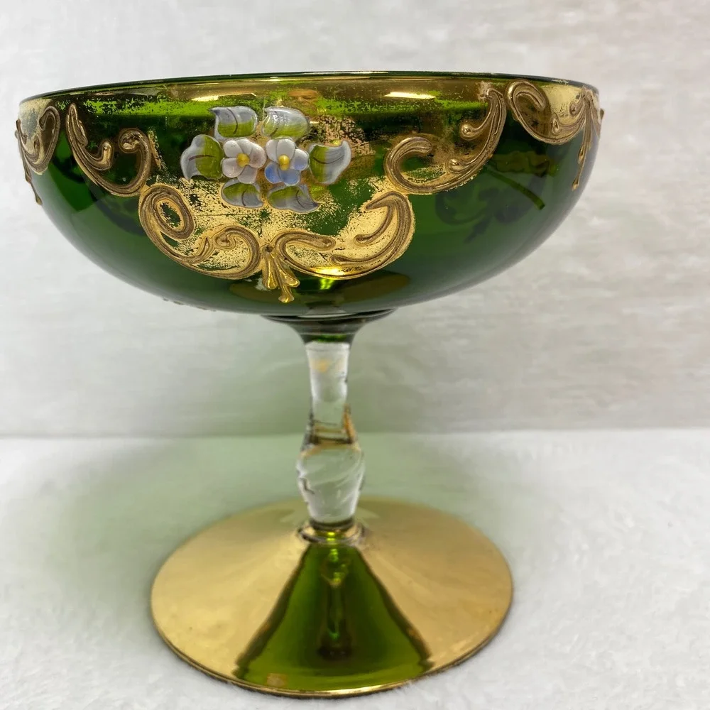 VTG Green Glass Pedestal Compote Bowl Goblet Candy Dish‎ Bowl Gold Leaf Italy